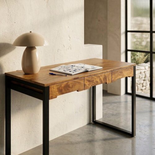 Bureau Bois de Manguier Miel 3 Tiroirs Pied Métal Noir Ixia 125x60x76cm