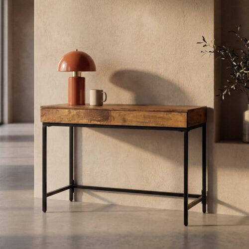 Secrétaire Bureau Bois de Manguier Miel Pied Métal Noir 2 Tiroirs Ixia 110x55x78cm