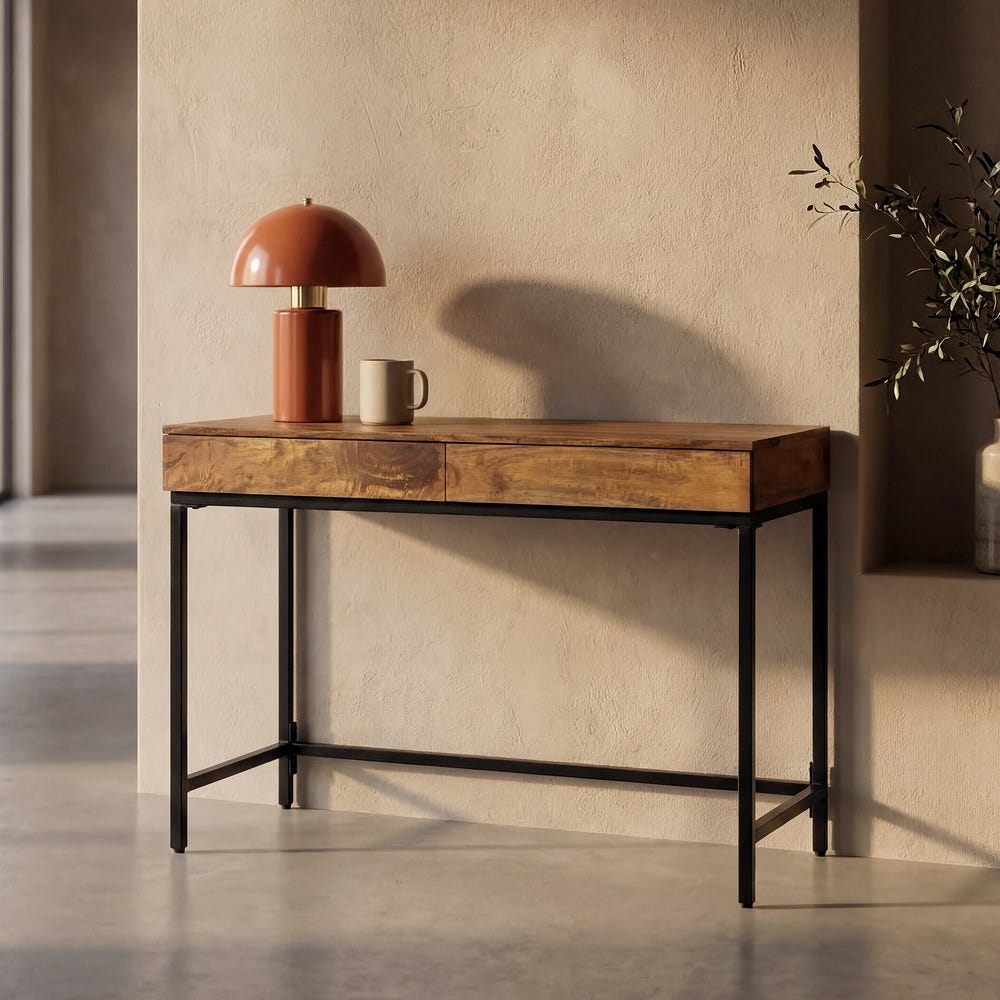 Secrétaire Bureau Bois de Manguier Miel Pied Métal Noir 2 Tiroirs Ixia 110x55x78cm