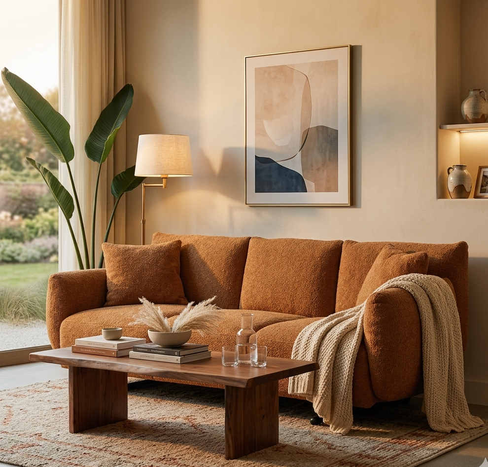 Canapé 3 places Ixia tissu ocre chiné 221cm - Salon design espagnol méditerranéen statement coloré distributeur officiel Toulouse