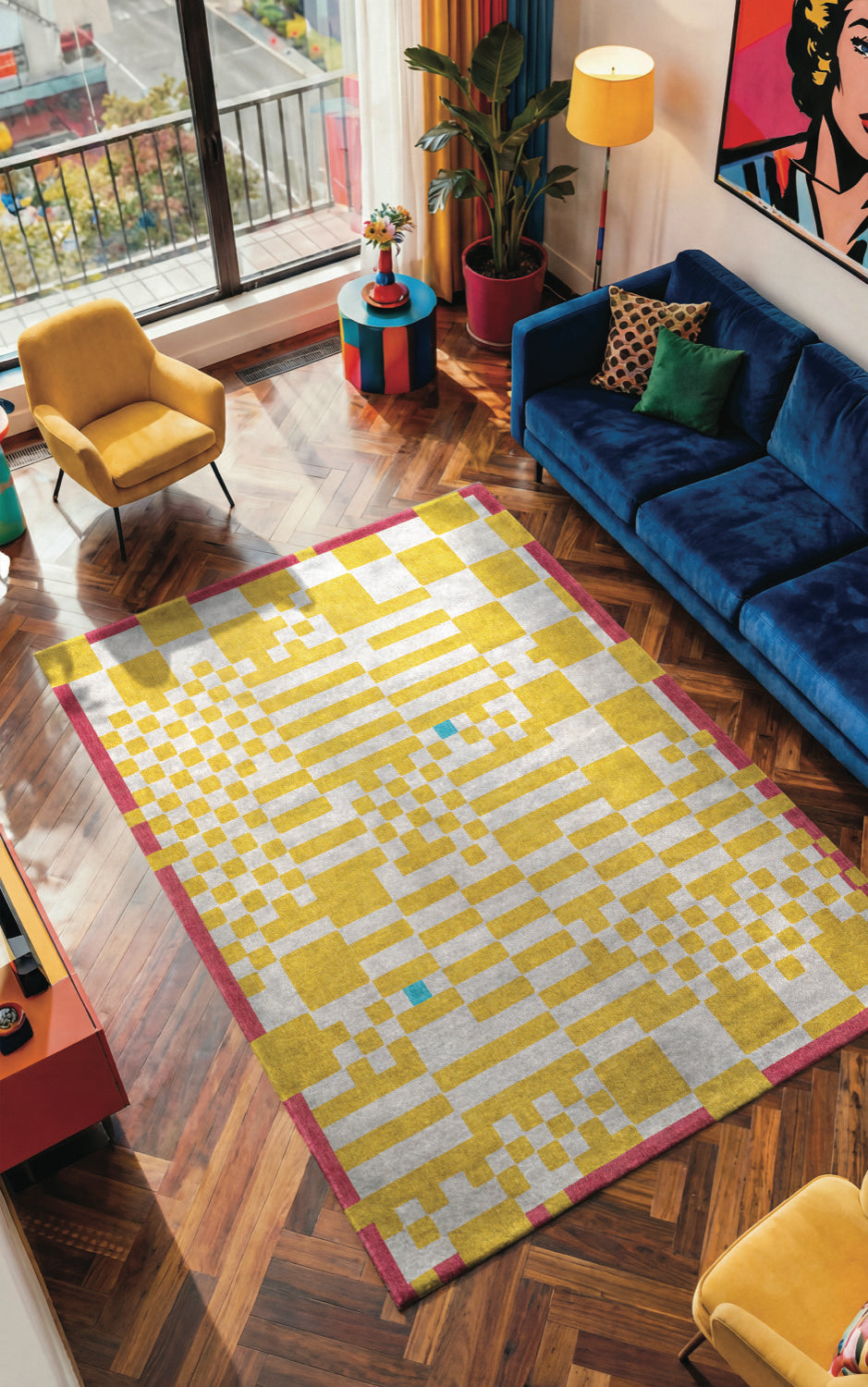 Tapis Damier Géométrique Miel Or — Louis De Poortere Craft Chess 9338 Tapis Damier Géométrique Rose Pastel