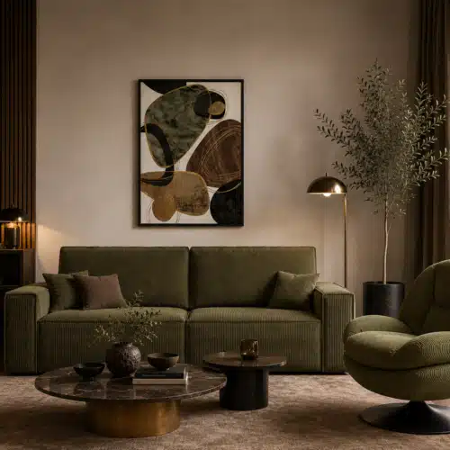 Canapé velours côtelé kaki 3 places convertible Kendrix avec fauteuil topi velours cotele kaki zago et tableau tivi athezza