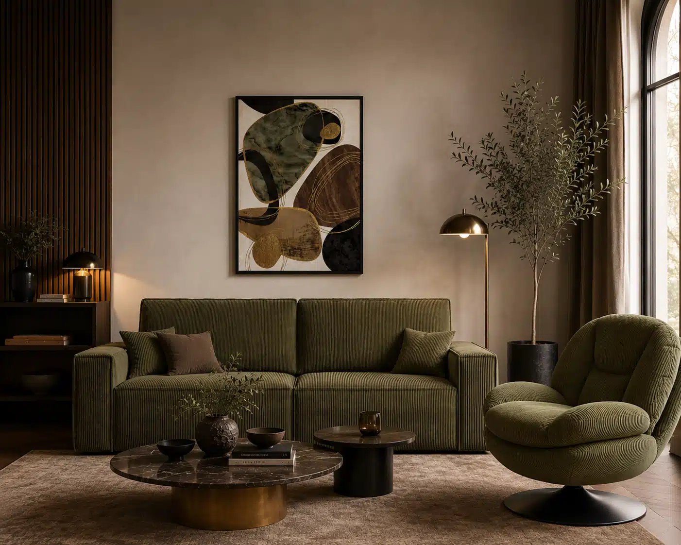 Canapé velours côtelé kaki 3 places convertible Kendrix avec fauteuil topi velours cotele kaki zago et tableau tivi athezza