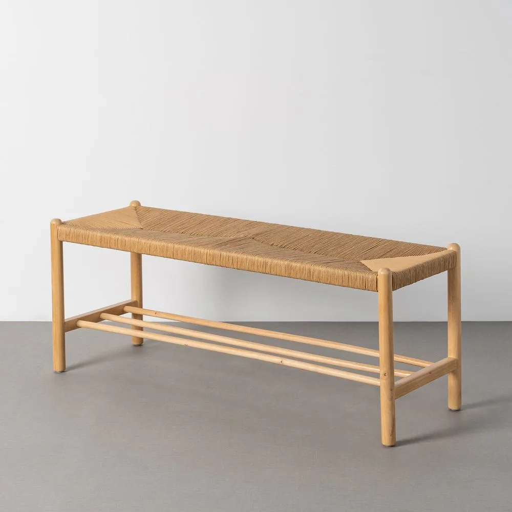 Banc bois d'hévéa corde tressée grand format Ixia 120 cm