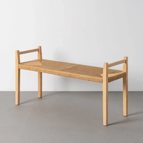 Banc bois d'hévéa corde tressée motif graphique Ixia 120 cm
