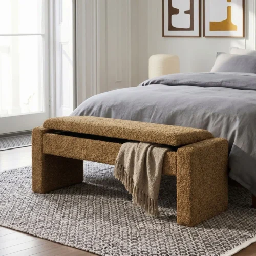 Banc coffre tissu ocre Ixia 117 cm