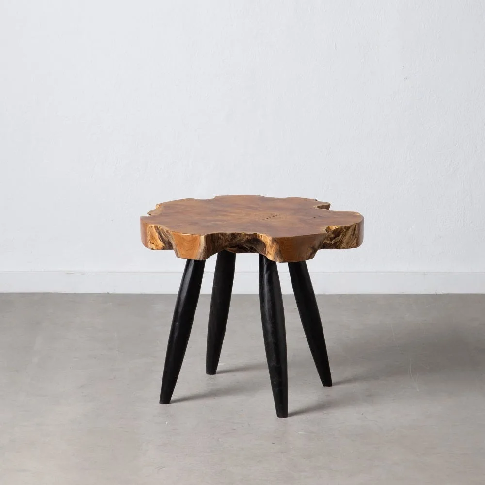 Bout de canapé organique tranche de bois teck naturel et noir Ixia 60 cm