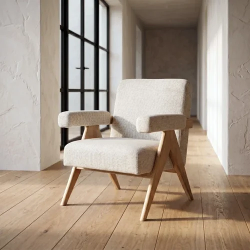 Fauteuil beige piètement hévéa Ixia 74 cm