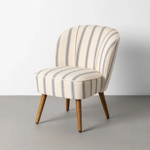 Fauteuil rayé bleu piètement hévéa Ixia 54 cm