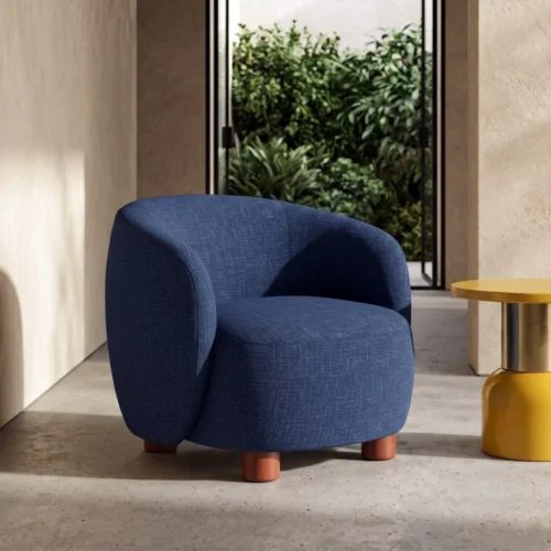 Fauteuil tissu bleu piètement bois d'hévéa Ixia 73 cm