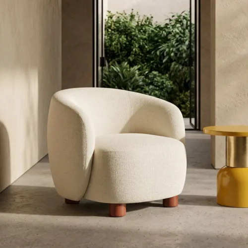 Fauteuil tissu crème piètement bois d'hévéa Ixia 73 cm