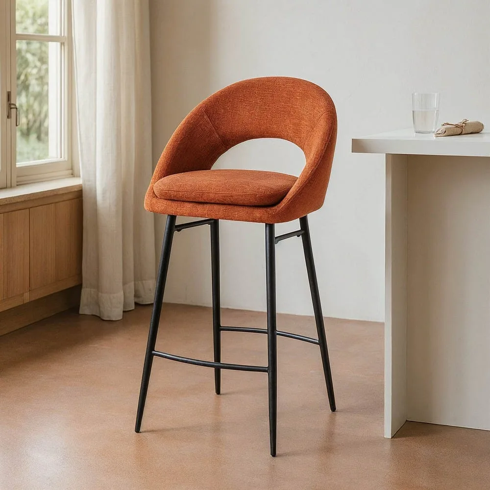 Lot 2 Tabourets de bar chenille orange potiron dossier arqué Ixia H75