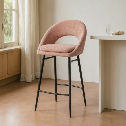 Lot 2 Tabourets de bar chenille rose saumon dossier arqué Ixia H75