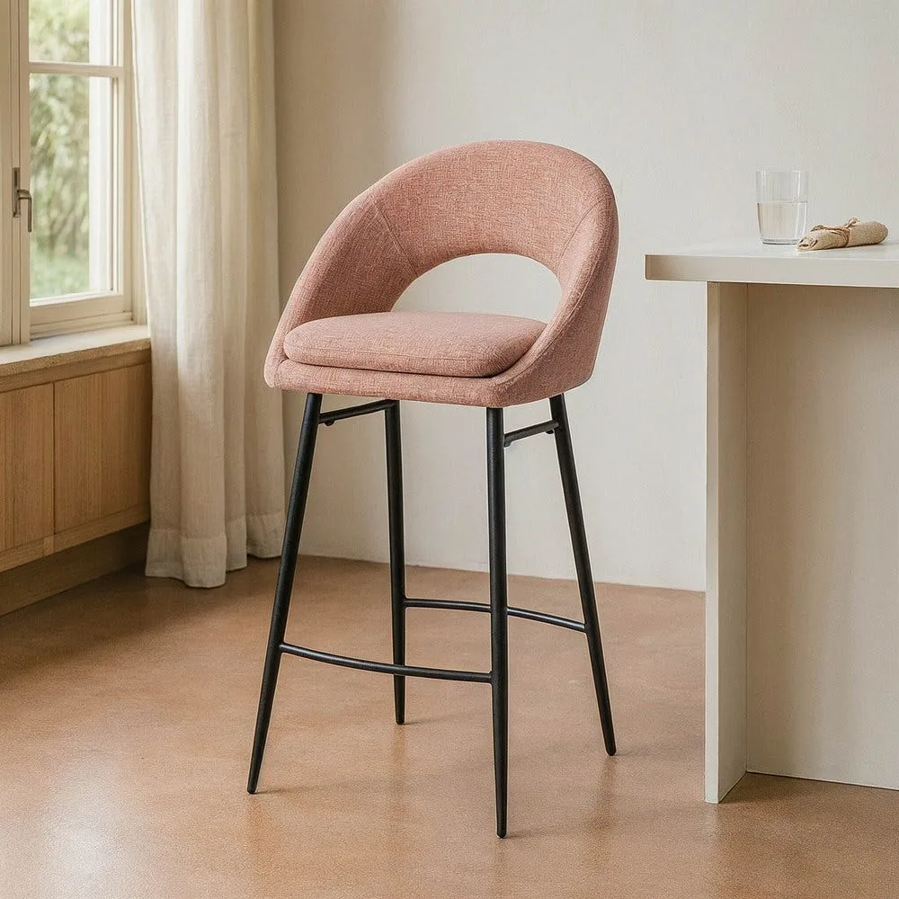 Lot 2 Tabourets de bar chenille rose saumon dossier arqué Ixia H75