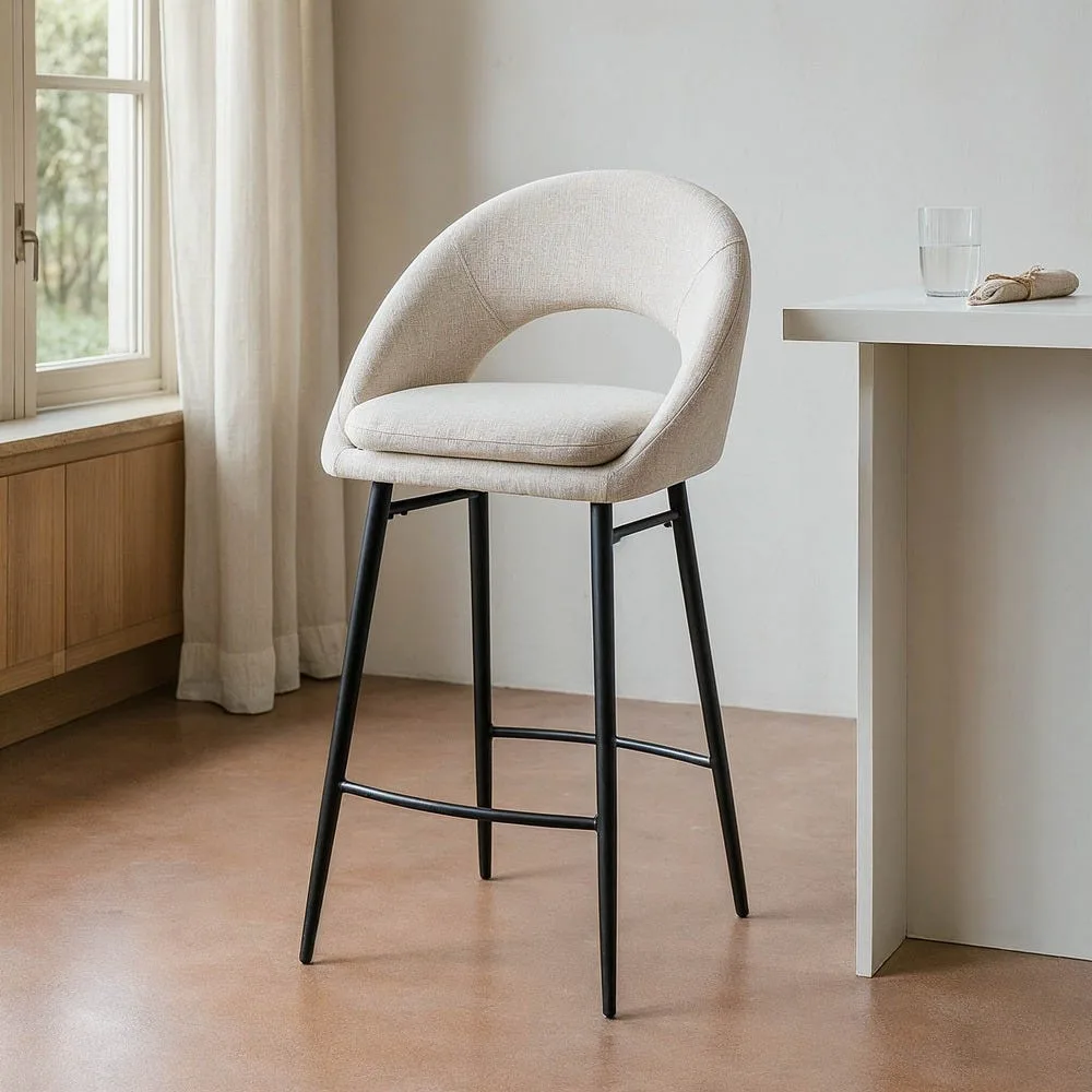 Lot 2 Tabourets de bar dossier arqué tissu bouclé crème Ixia H75