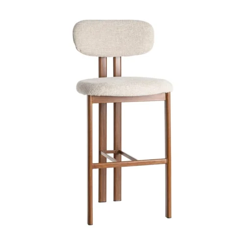 Lot 2 Tabourets de bar tissu bouclé crème piètement métal effet noyer Ixia H75