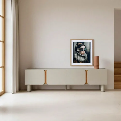 Meuble TV taupe laqué pieds bois de chêne Ixia 180 cm