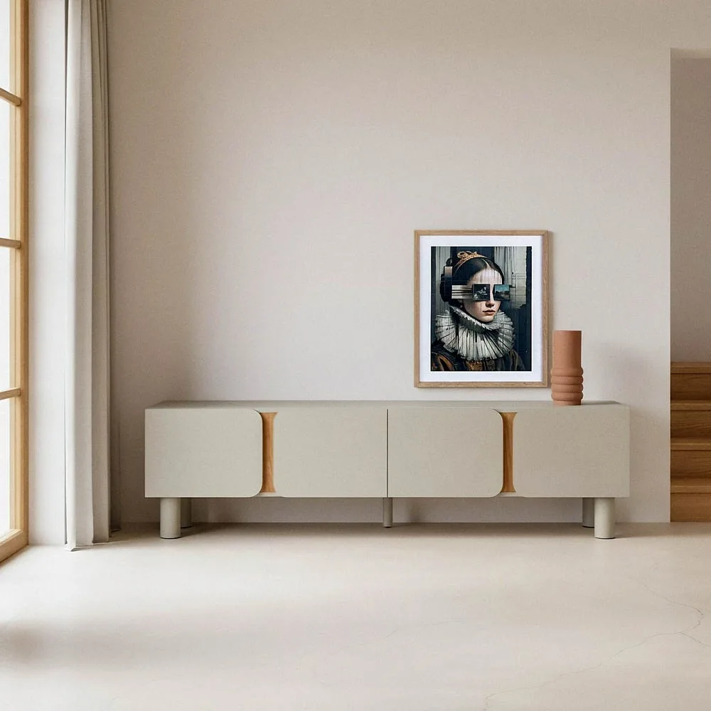 Meuble TV taupe laqué pieds bois de chêne Ixia 180 cm