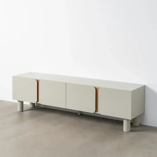 Meuble TV taupe laqué pieds bois de chêne Ixia 180 cm — vue 2