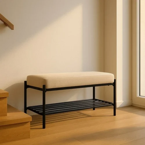 Petit banc tissu beige piètement métal Ixia 91 cm