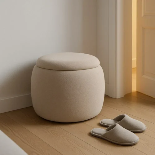 Pouf coffre rond tissu beige Ixia Ø 55 cm