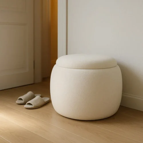 Pouf coffre rond tissu crème Ixia Ø 55 cm