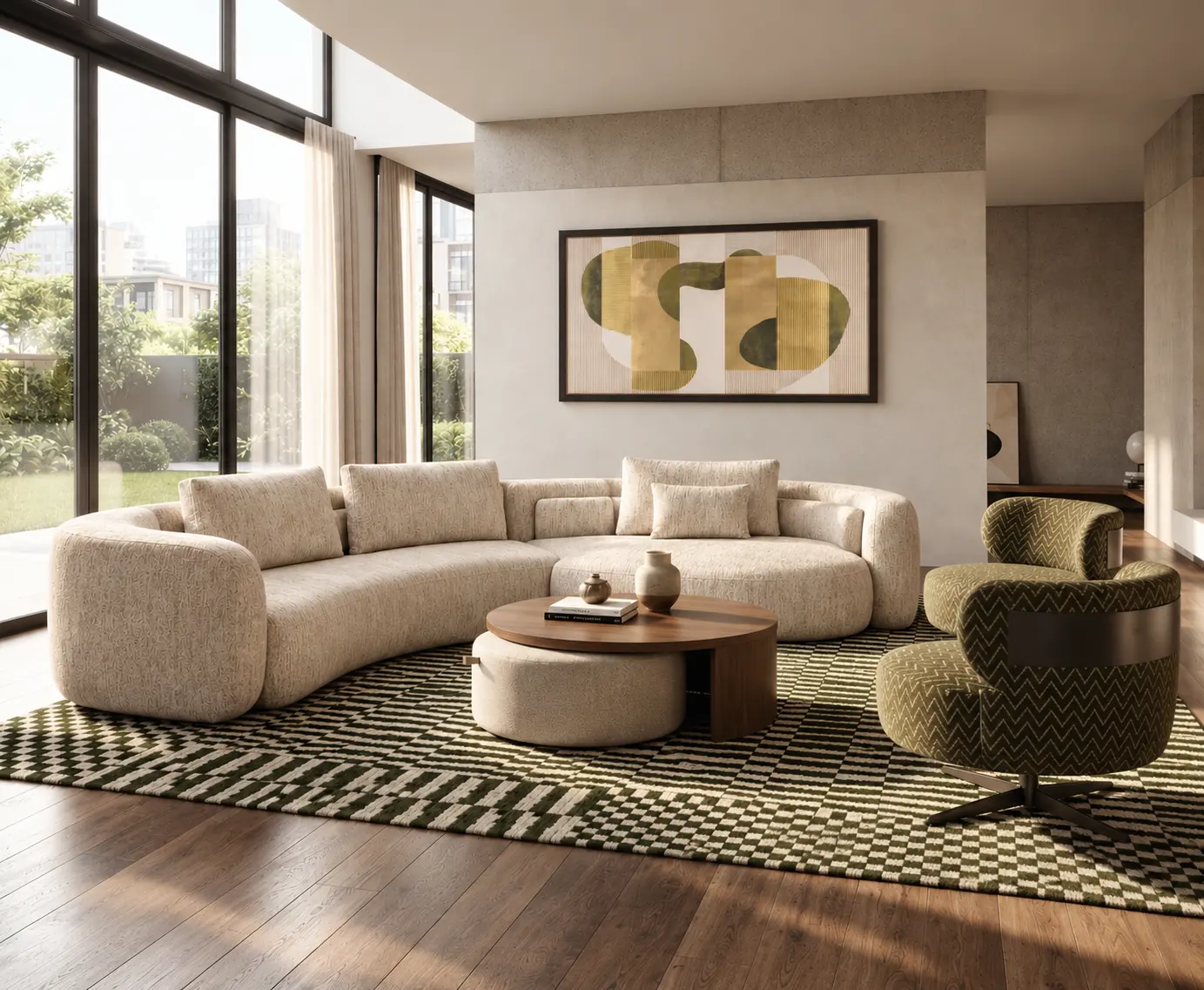 Nouveautés Salon avec canapé arrondi et fauteuil pivotant vert — nouveautés Richmond Interiors