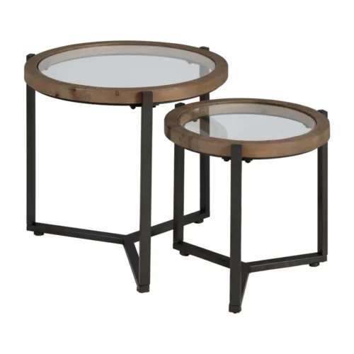 Set de 2 bouts de canapé gigognes ronds bois et métal noir Ixia 65 cm