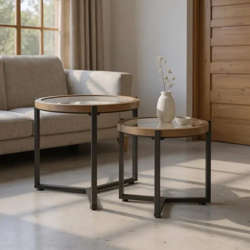 Set de 2 bouts de canapé gigognes ronds bois et métal noir Ixia 65 cm — vue 7
