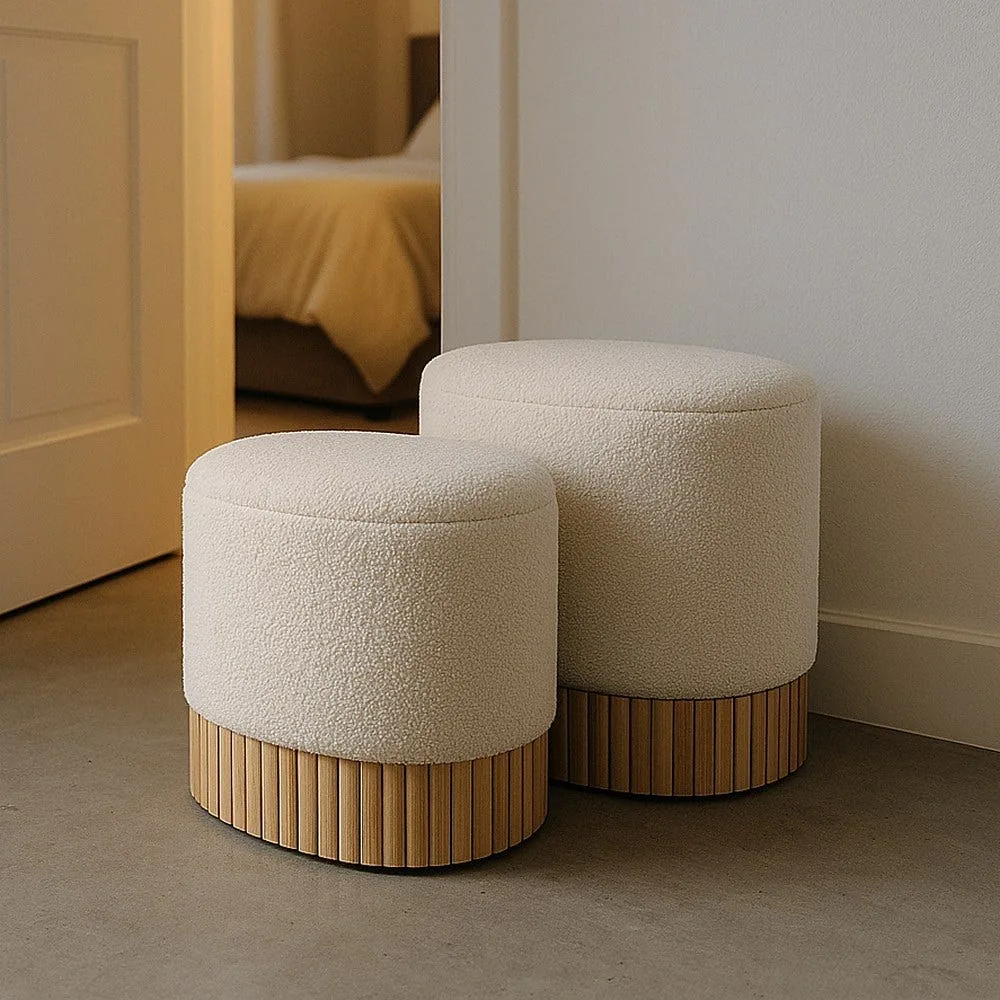 Set de 2 poufs coffre ronds tissu crème Ixia 44 cm