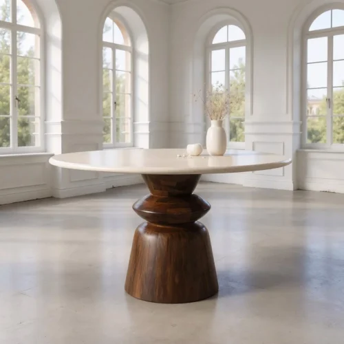 Table à manger bois de manguier plateau marbre ronde Ixia 120 cm