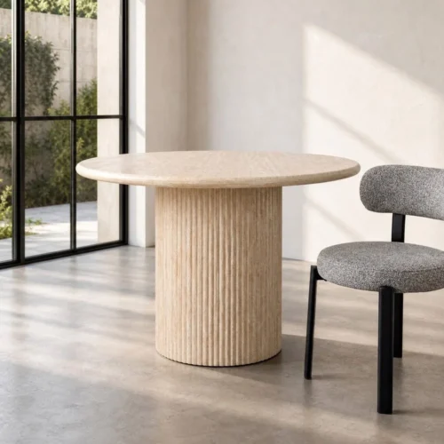 Table à manger ronde effet travertin beige Ixia 110 cm