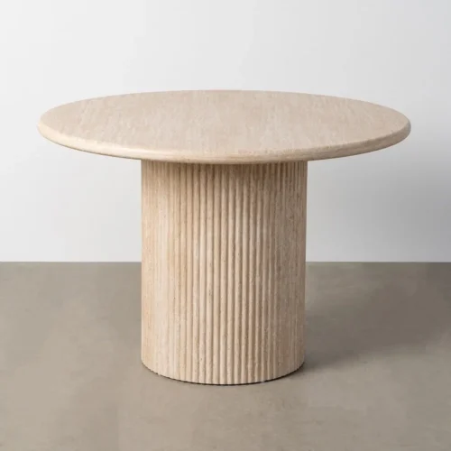 Table à manger ronde effet travertin beige Ixia 110 cm — vue 2
