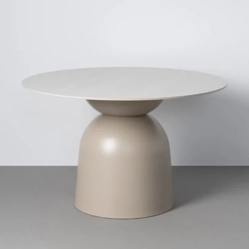 Table à manger ronde pierre frittée effet travertin piètement métal Ixia 120 cm