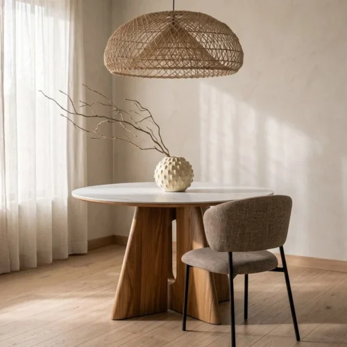 Table à manger ronde plateau céramique blanc piètement bois Ixia 120 cm