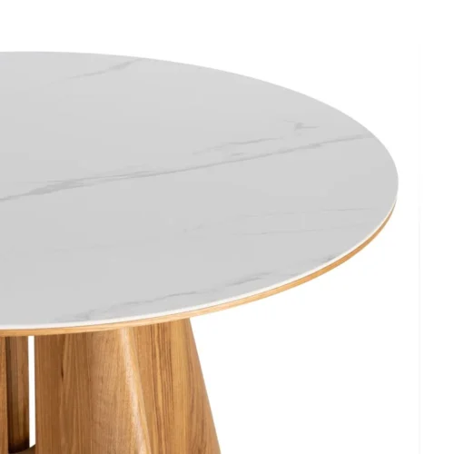 Table à manger ronde plateau céramique blanc piètement bois Ixia 120 cm — vue 2