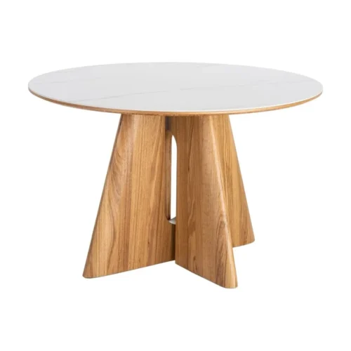 Table à manger ronde plateau céramique blanc piètement bois Ixia 120 cm — vue 7