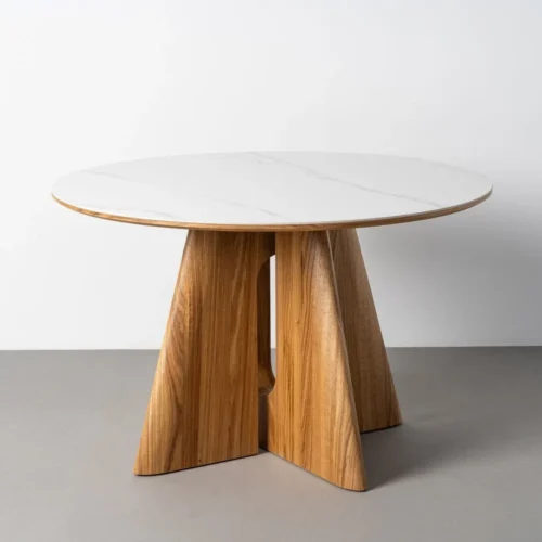 Table à manger ronde plateau céramique blanc piètement bois Ixia 120 cm — vue 8