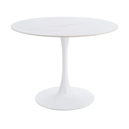 Table à manger ronde plateau pierre frittée blanc piètement métal Ixia 100 cm