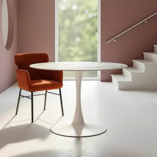 Table à manger ronde plateau pierre frittée blanc piètement métal Ixia 100 cm — vue 9