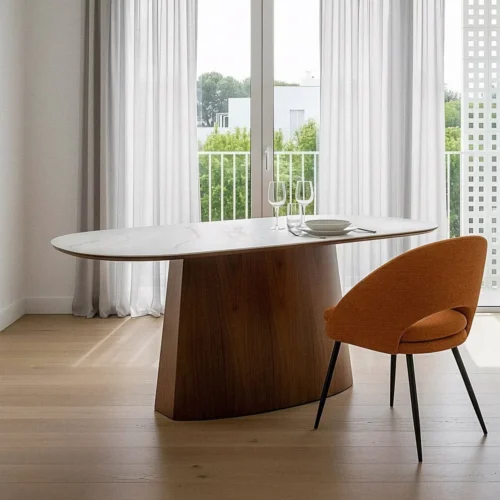 Table à manger ovale plateau céramique effet marbre blanc-marron Ixia 180 cm