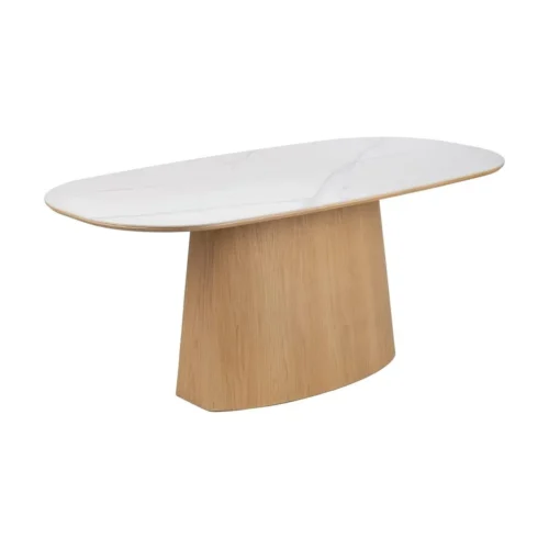 Table à manger ovale plateau céramique effet marbre blanc-naturel Ixia 180 cm
