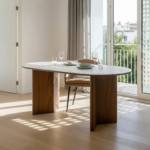 Table à manger ovale plateau céramique effet marbre piètement ajustable Ixia 180 cm