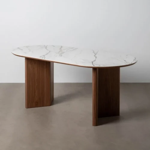Table à manger ovale céramique effet marbre blanc et piètement noyer Ixia 180 cm en vue d'ensemble