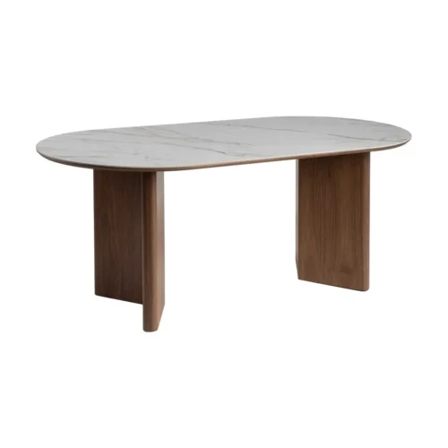 Table à manger ovale Ixia vue de trois quarts, plateau céramique effet marbre et double piètement noyer