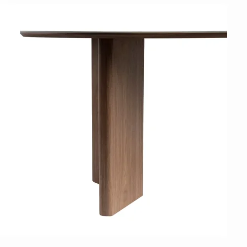 Détail du piètement de la table ovale Ixia, panneaux assemblés en angle finition placage de noyer