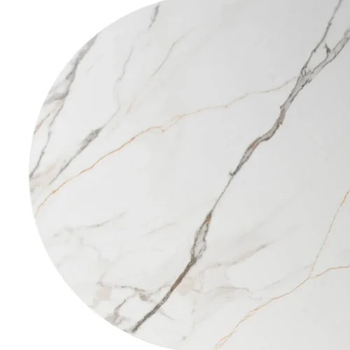 Bord arrondi du plateau ovale en céramique effet marbre blanc de la table Ixia 180 cm