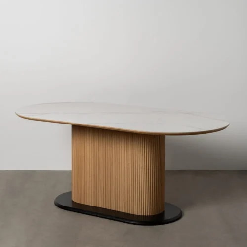 Table à manger ovale plateau céramique effet marbre piètement large Ixia 180 cm