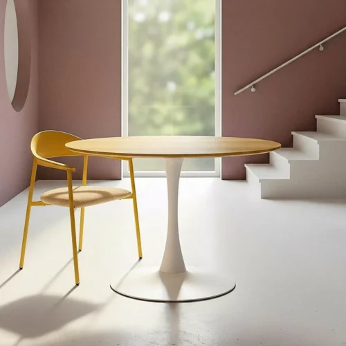 Table à manger ronde plateau bicolore naturel et blanc Ixia 100 cm