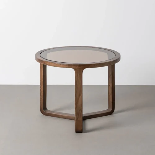 Table basse bois de manguier plateau verre ambré Ixia 60 cm